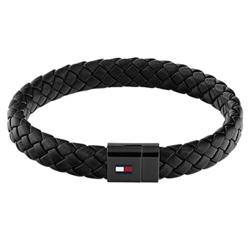 Ανδρικό βραχιόλι Tommy Hilfiger 2790331 δερμάτινο μαύρο χρώμα με πλεκτό σχέδιο.